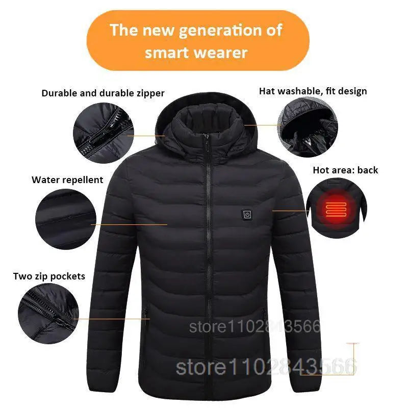 Men Heated Jacket USB Electric Heated Coat - Hunting Hiking Camping Outdoor Skiing (Power Source Sold Separately)