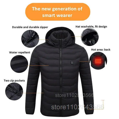 Men Heated Jacket USB Electric Heated Coat - Hunting Hiking Camping Outdoor Skiing (Power Source Sold Separately)